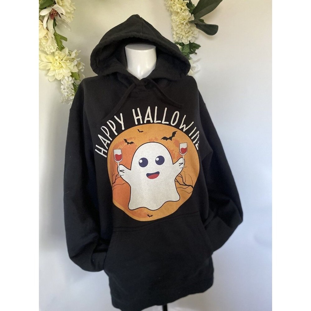 Happy Hallowine Wine Vino Lover Funny Humor Hoodie Pullover Black Sz Large Ghost